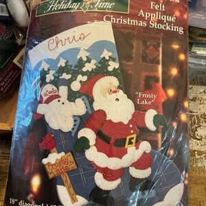 Holiday Time Felt Applique Christmas Stocking - Blue and Red Santa Design